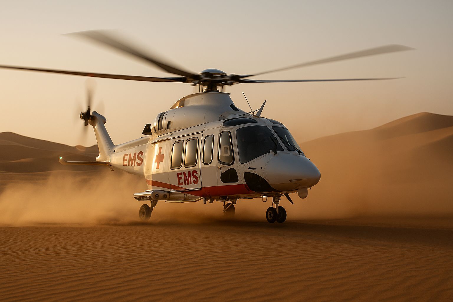 EMS helicopter responding to emergency in desert conditions